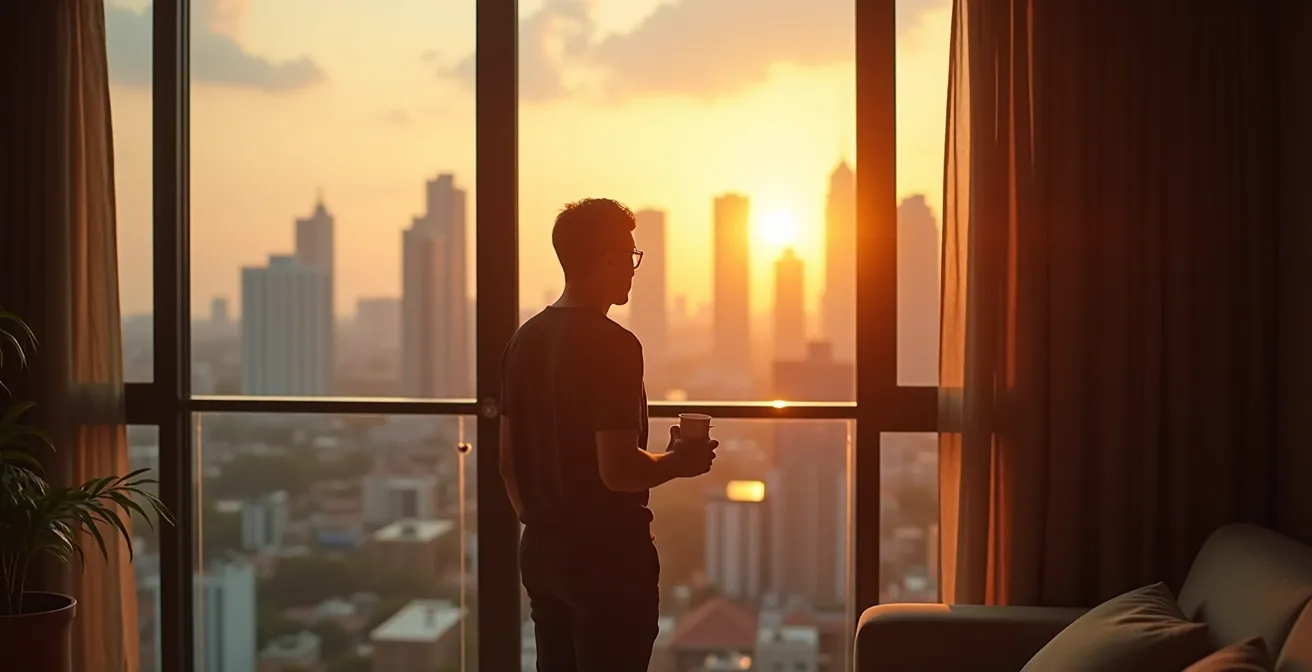 Modern Manila condominium interior with city skyline view