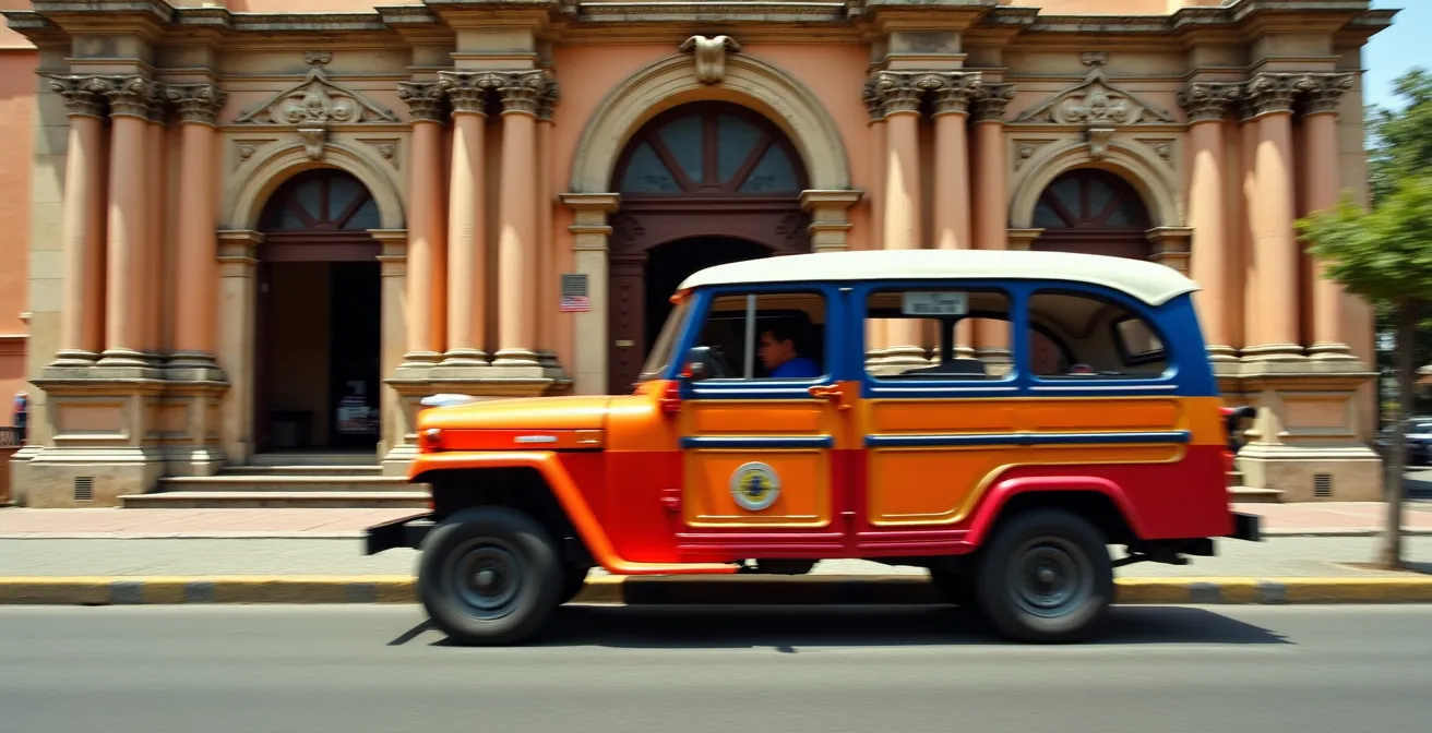 Colorful Filipino jeepney passing by a centuries-old baroque church in Manila