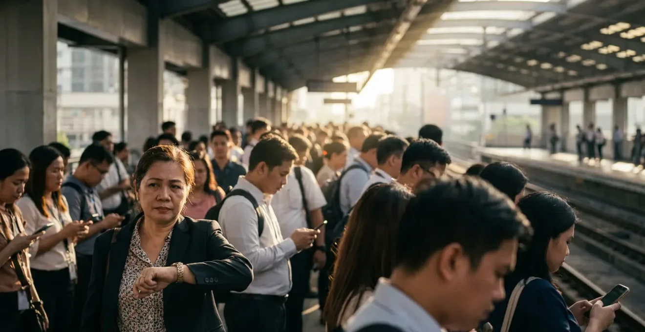Crowded MRT platform with commuters during morning rush hour