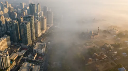 Manila skyline contrasting with Mindanao mosque minarets through layered urban landscapes