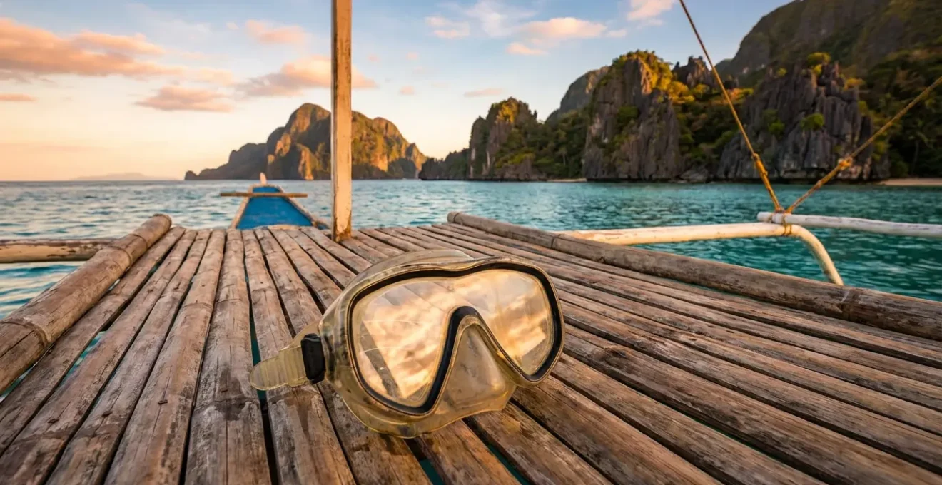 Crystal clear snorkel mask being prepared on a boat deck with tropical Philippine islands in the background