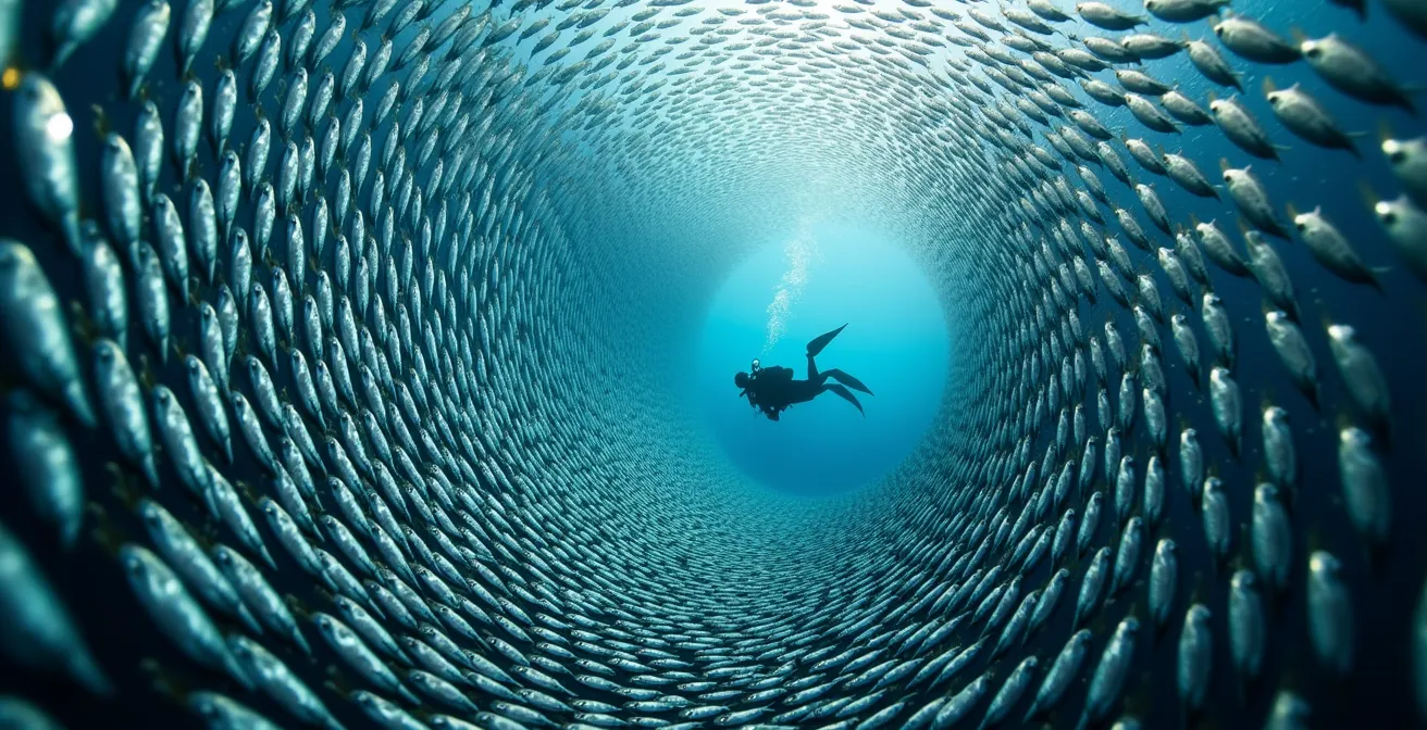 Underwater scene showing massive sardine school formation near coral reef