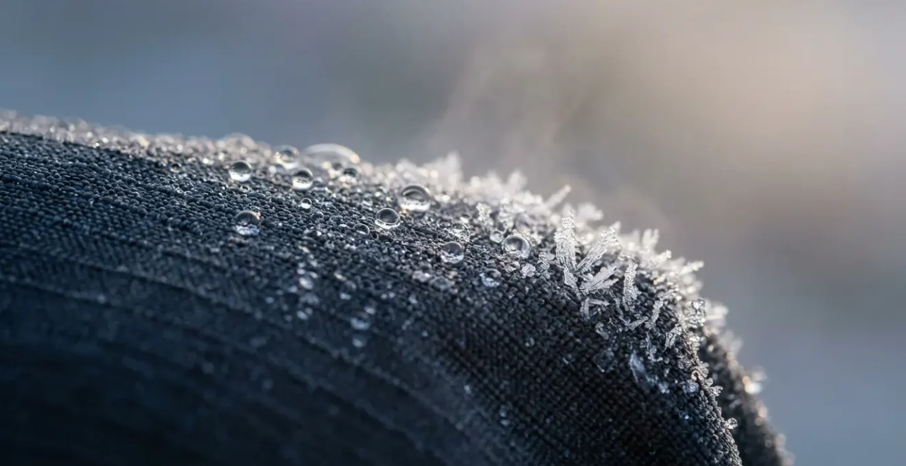 Macro shot of condensation droplets on hiking jacket fabric showing humid cold effect