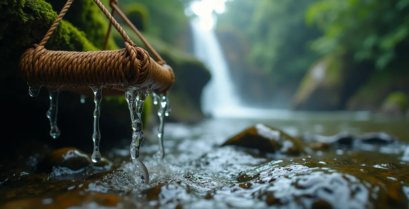 Crystal clear multi-tiered waterfall with rope swing in lush Philippine jungle