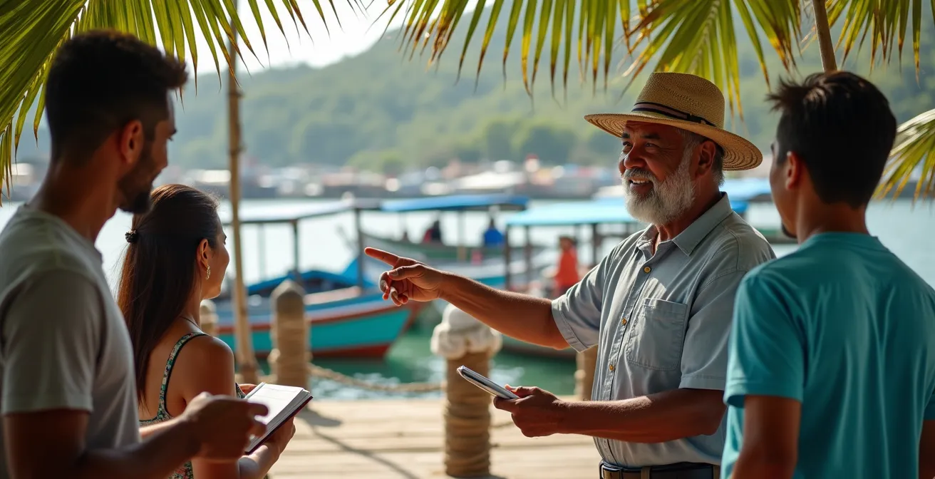 Local boatmen and travelers discussing charter arrangements at a Philippine harbor