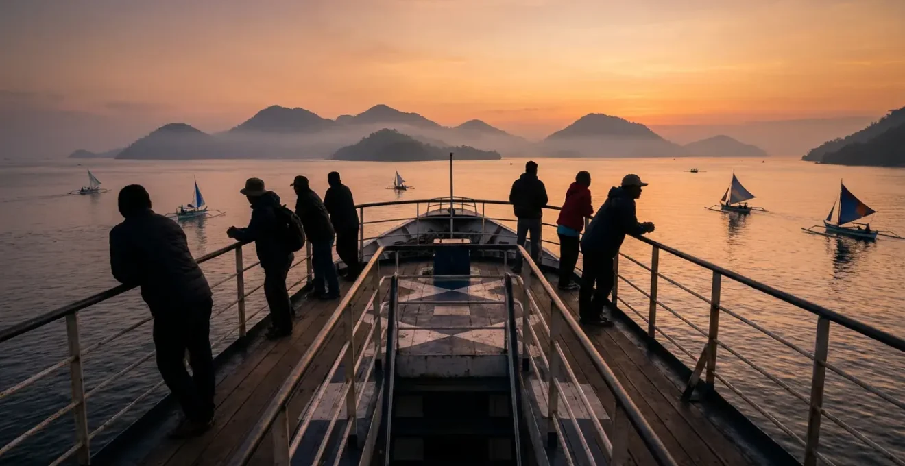 Travelers on ferry deck watching sunset over distant Philippine islands