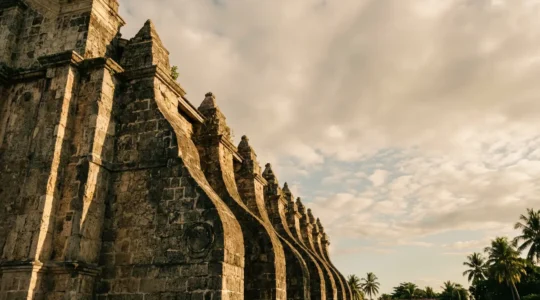 Massive stone buttresses supporting a historic Philippine Baroque church against dramatic sky