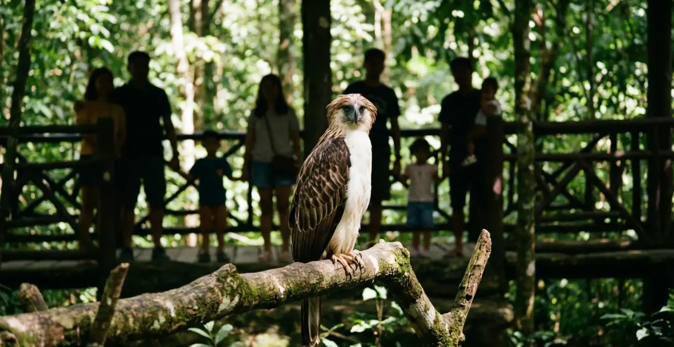 Families with children observing Philippine Eagle from safe viewing platform