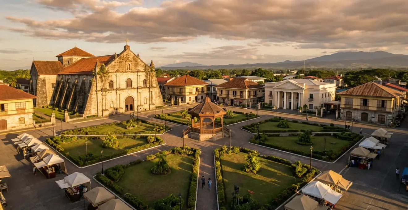 Aerial view of a traditional Philippine town plaza with Spanish colonial church and surrounding historical buildings