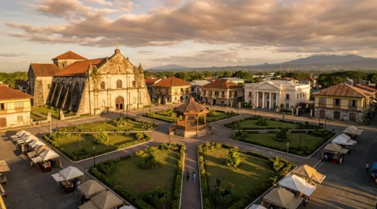 Aerial view of a traditional Philippine town plaza with Spanish colonial church and surrounding historical buildings