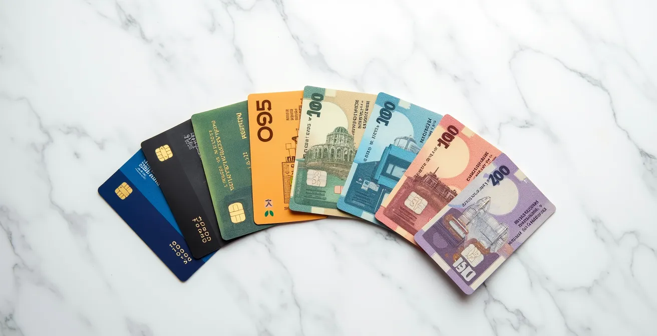 A minimalist flat lay of various payment cards and Philippine peso bills, representing modern fintech solutions for travel.
