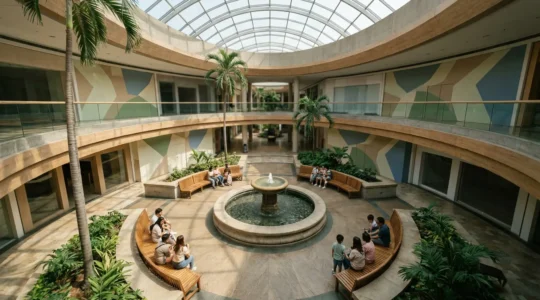 Aerial view of a bustling Philippine mall courtyard with families gathered around fountain seating areas