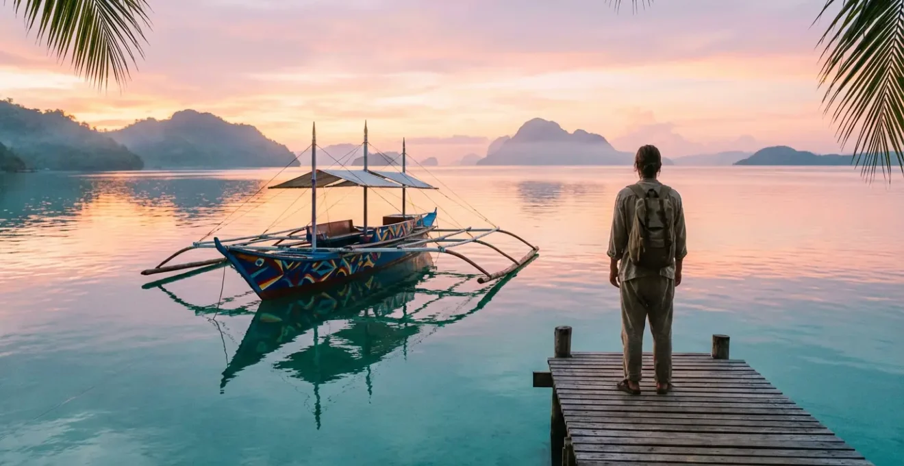 Traveler boarding a traditional Filipino banca boat at sunrise with distant tropical islands on the horizon