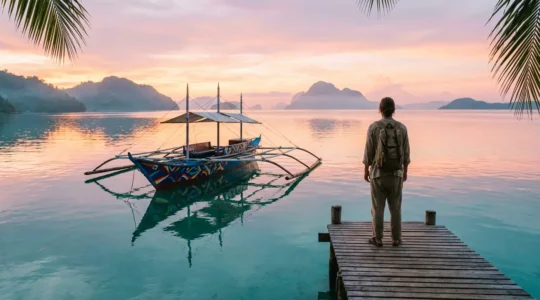 Traveler boarding a traditional Filipino banca boat at sunrise with distant tropical islands on the horizon