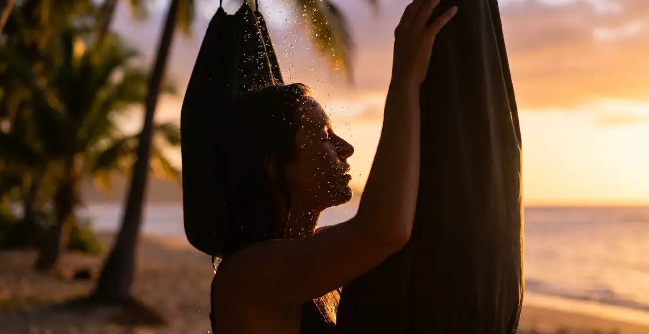 Traveler using gravity shower system hanging from palm tree at golden hour