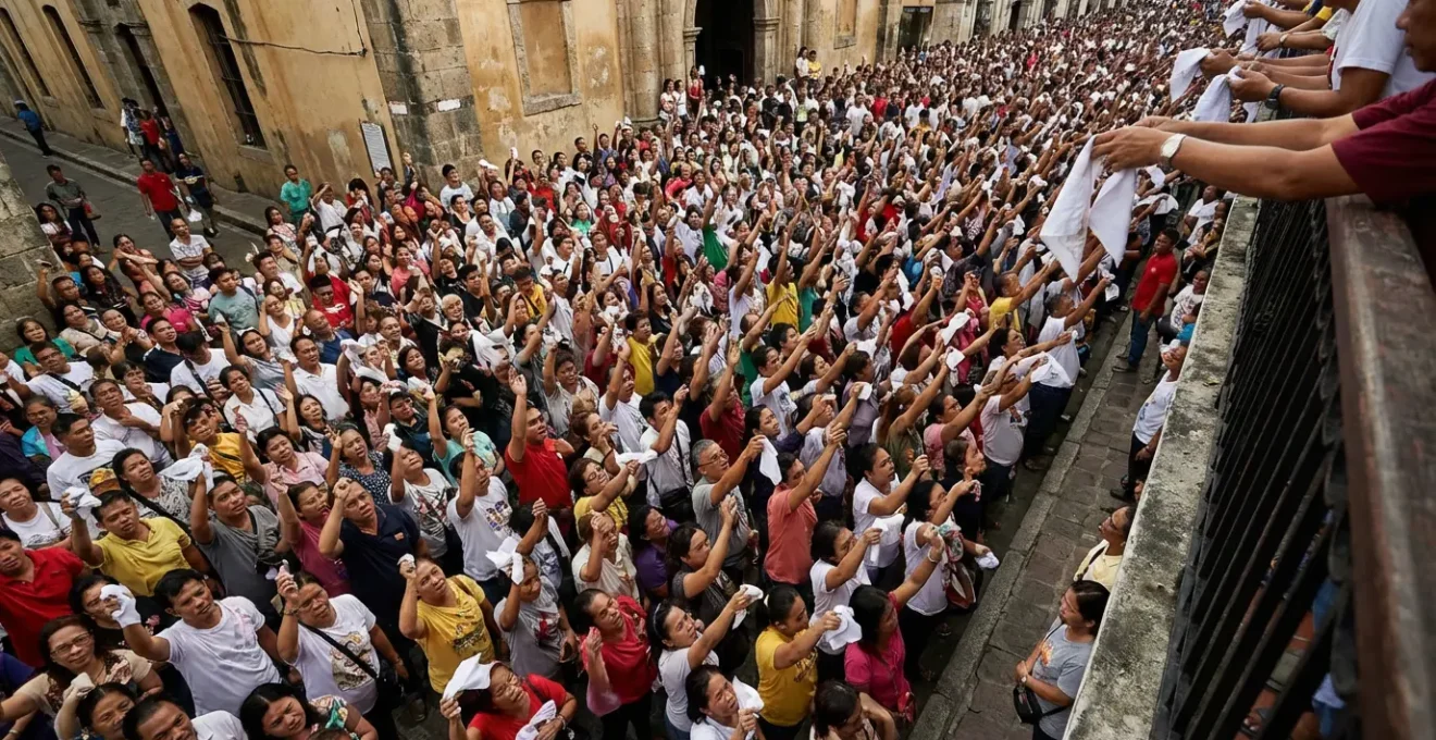 Dense crowd of Filipino devotees with raised hands reaching toward an unseen sacred object