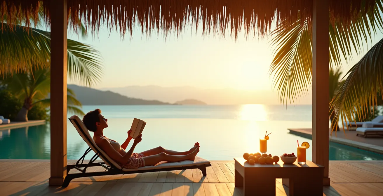 Peaceful resort pool scene with traveler resting in shade after adventure day