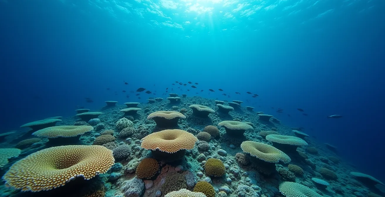 Underwater photograph showing healthy deep coral reef ecosystem with strong currents