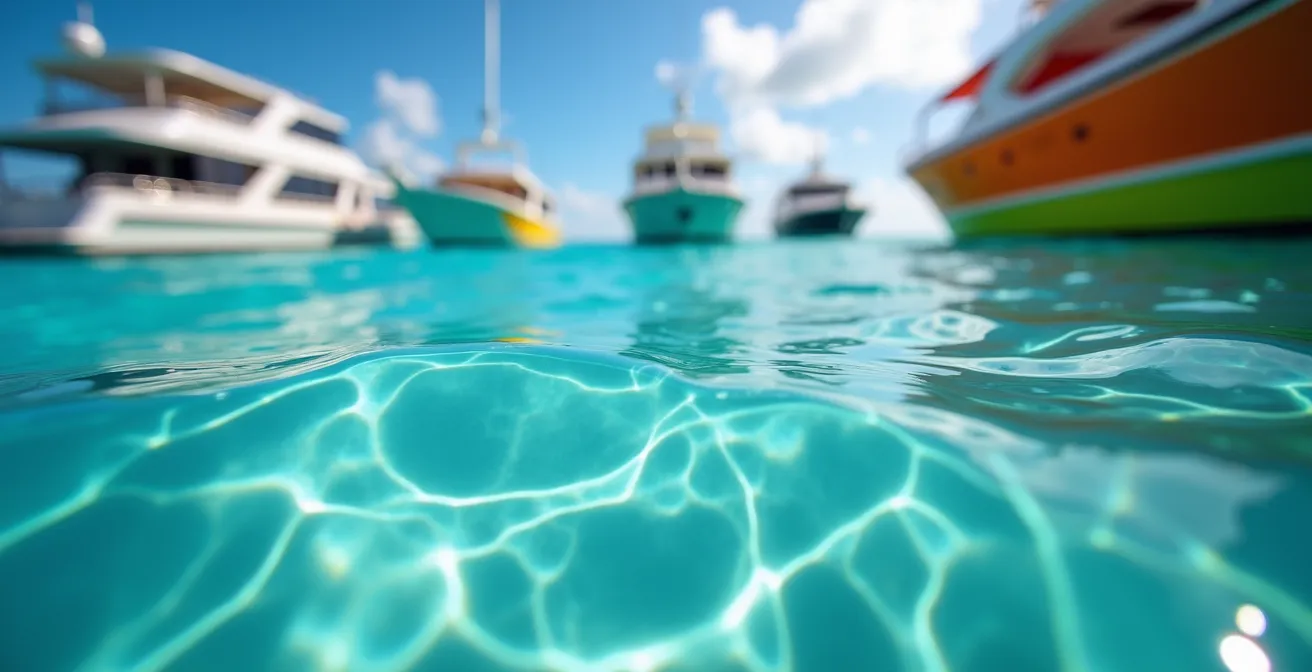 Multiple boats maintaining respectful distance while observing marine life in clear waters