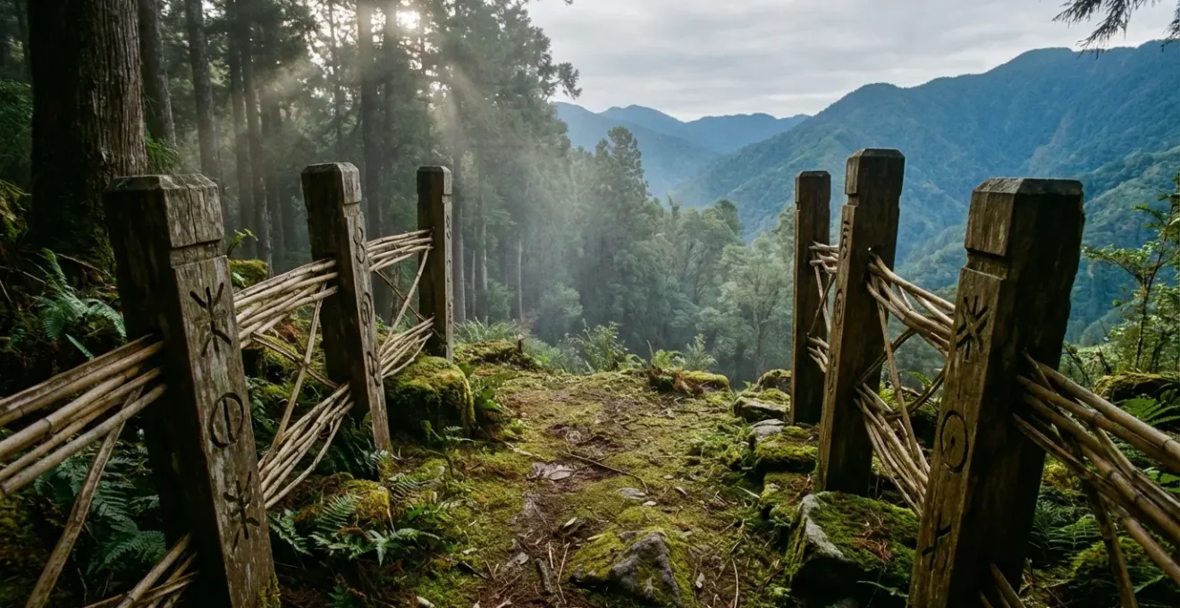 Traditional boundary markers made of bamboo and carved wood at the edge of a misty mountain forest
