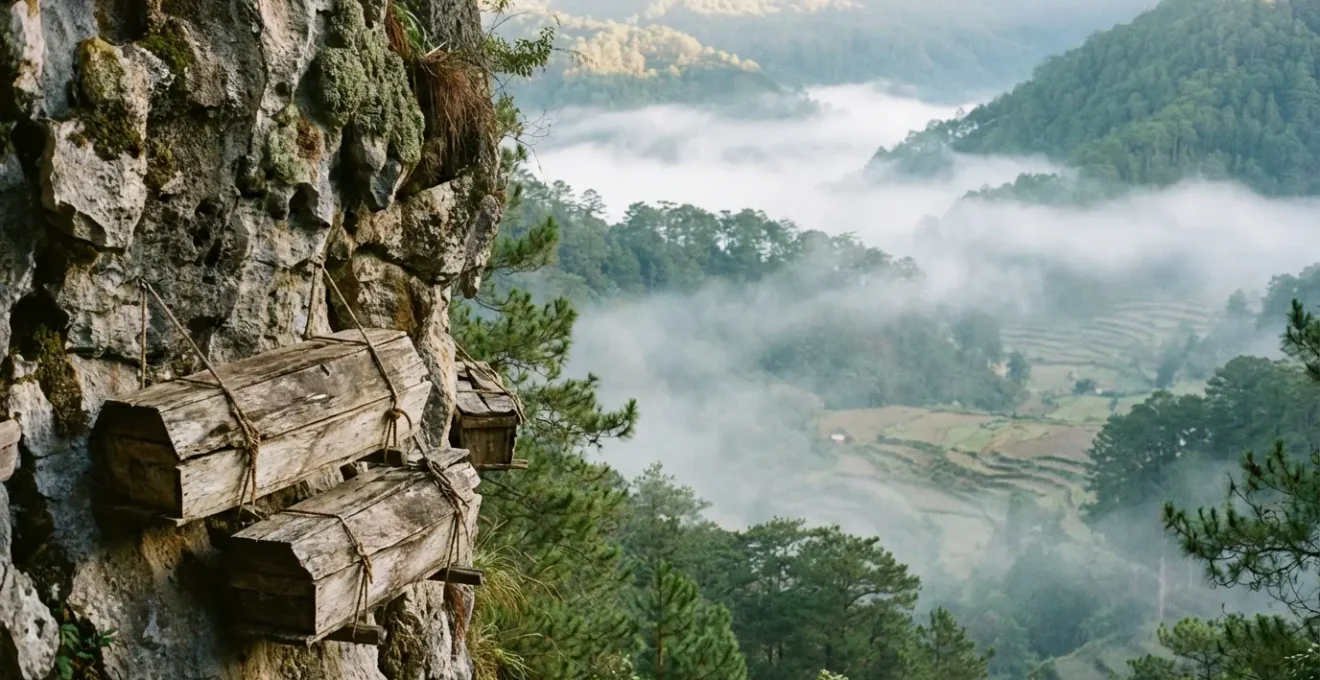 Ancient hanging coffins on limestone cliffs in Sagada surrounded by morning mist
