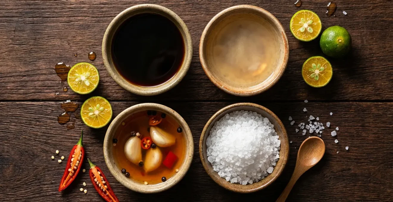 Array of Filipino sawsawan dipping sauces with ingredients