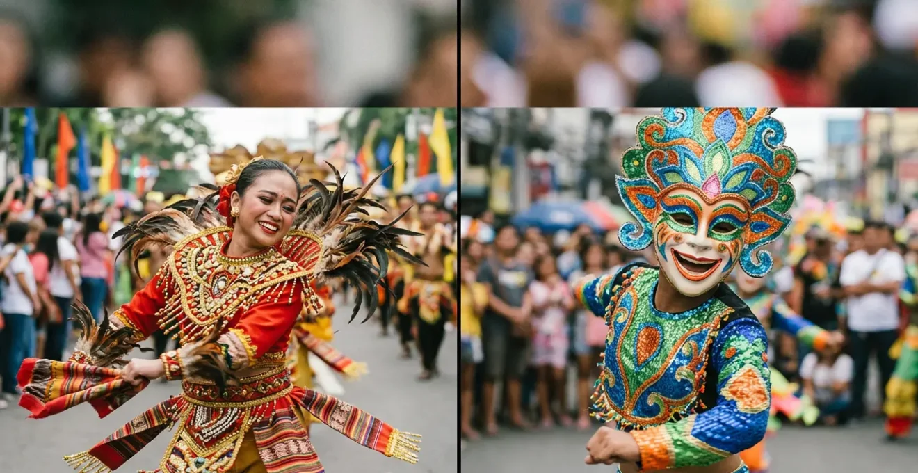 Vibrant Filipino festival dancers in elaborate costumes captured mid-performance with dramatic motion blur