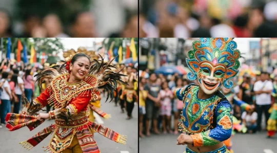 Vibrant Filipino festival dancers in elaborate costumes captured mid-performance with dramatic motion blur