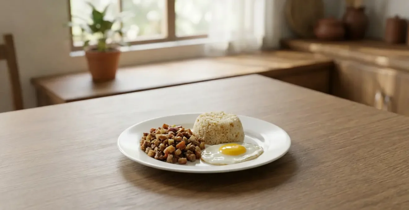 Sisig-silog breakfast plate with fried rice and sunny-side up egg
