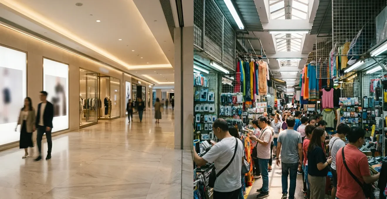 Split scene contrasting SM Mall modern shopping with Greenhills tiangge bargain hunting in the Philippines