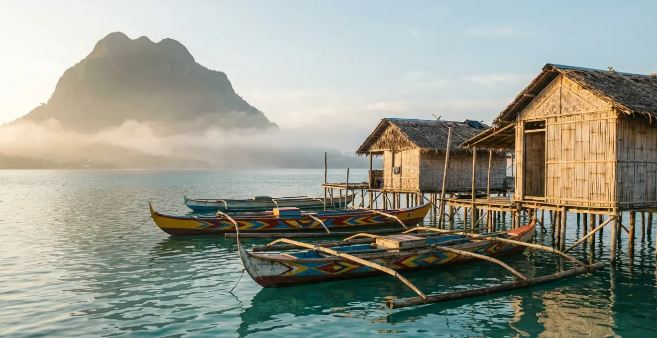 Traditional Sama-Bajau boats moored near stilted houses in Tawi-Tawi with sacred mountain in background