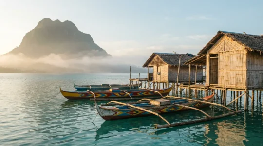 Traditional Sama-Bajau boats moored near stilted houses in Tawi-Tawi with sacred mountain in background