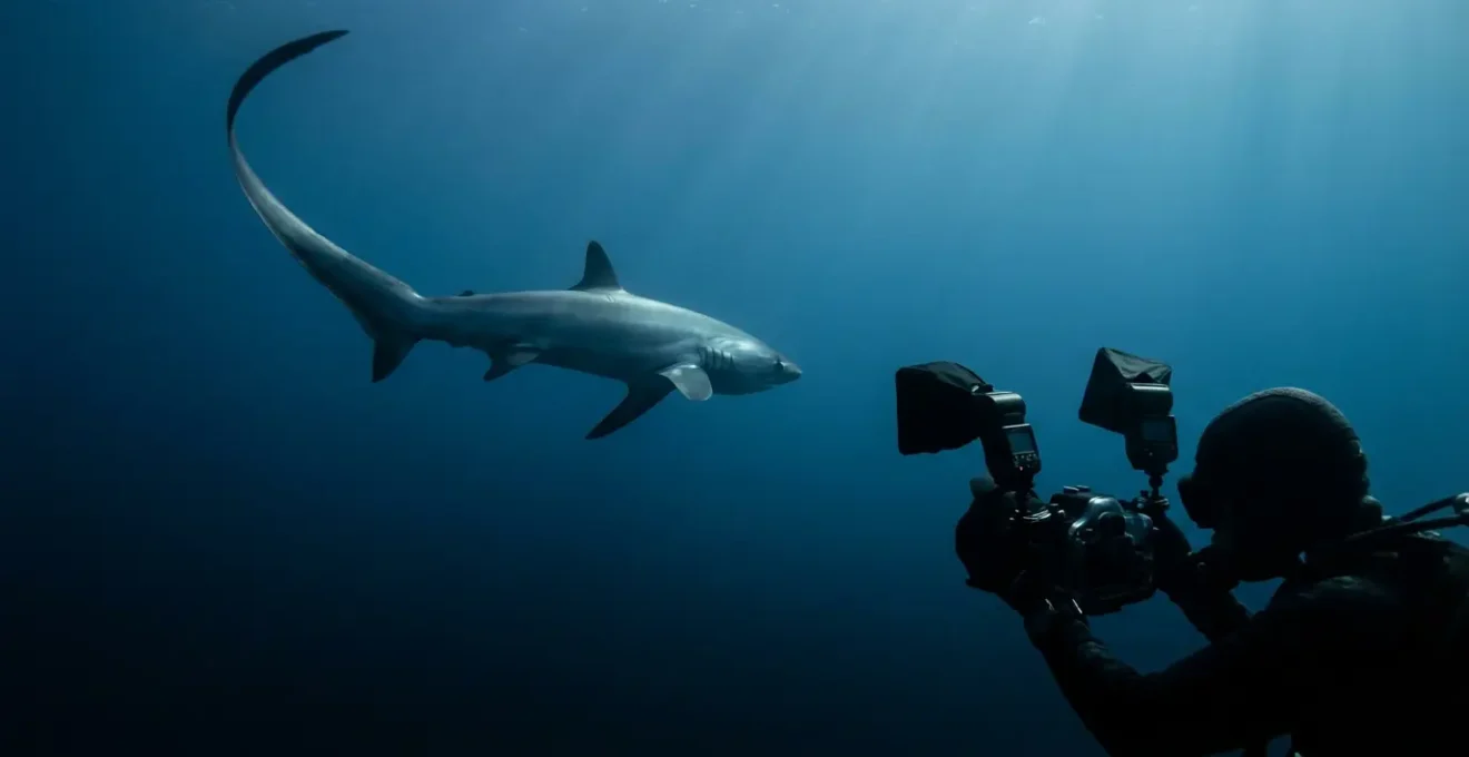 Underwater photographer using natural light to capture thresher shark silhouette at dawn