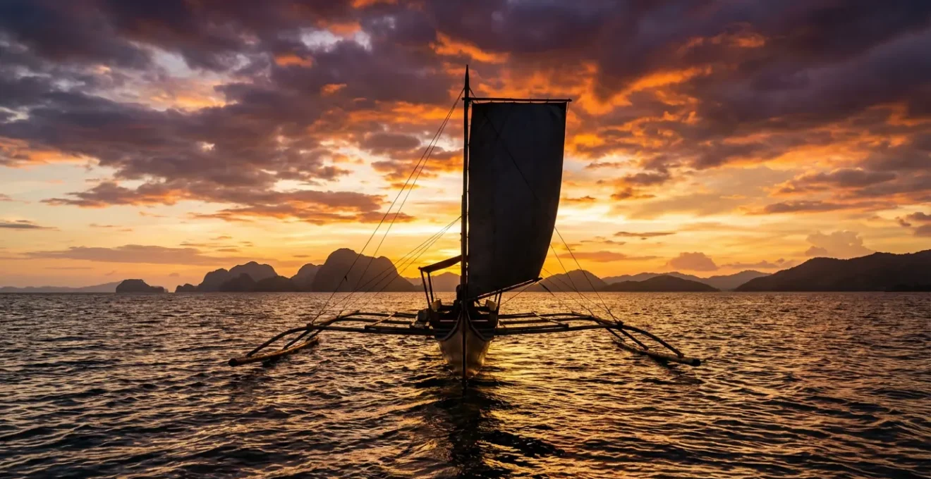 Traditional Filipino bangka boat sailing between islands at sunset