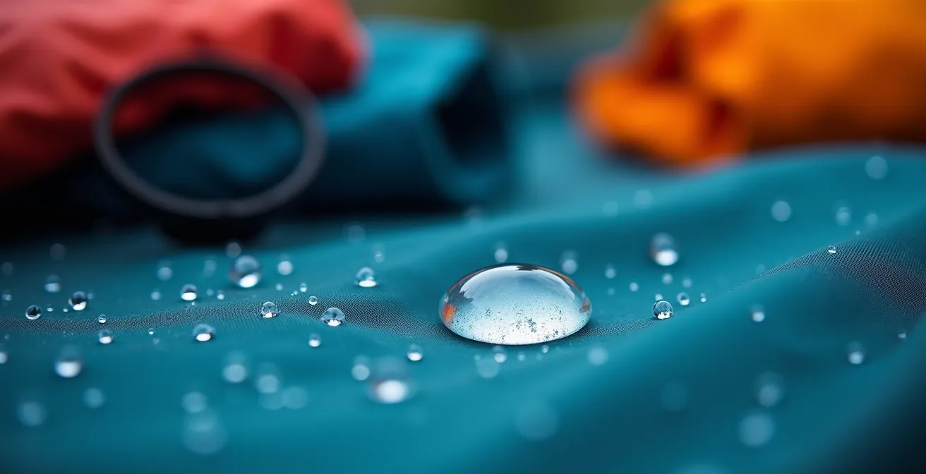 Macro shot of water droplets on waterproof fabric with travel gear in humid conditions
