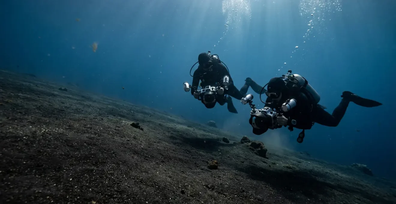 Underwater macro photographers examining tiny creatures on volcanic black sand bottom