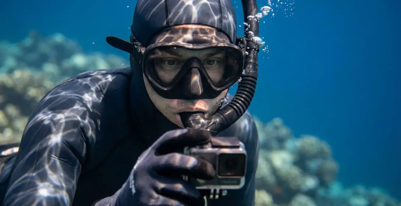 Snorkeler demonstrating proper body positioning for underwater photography in choppy waters