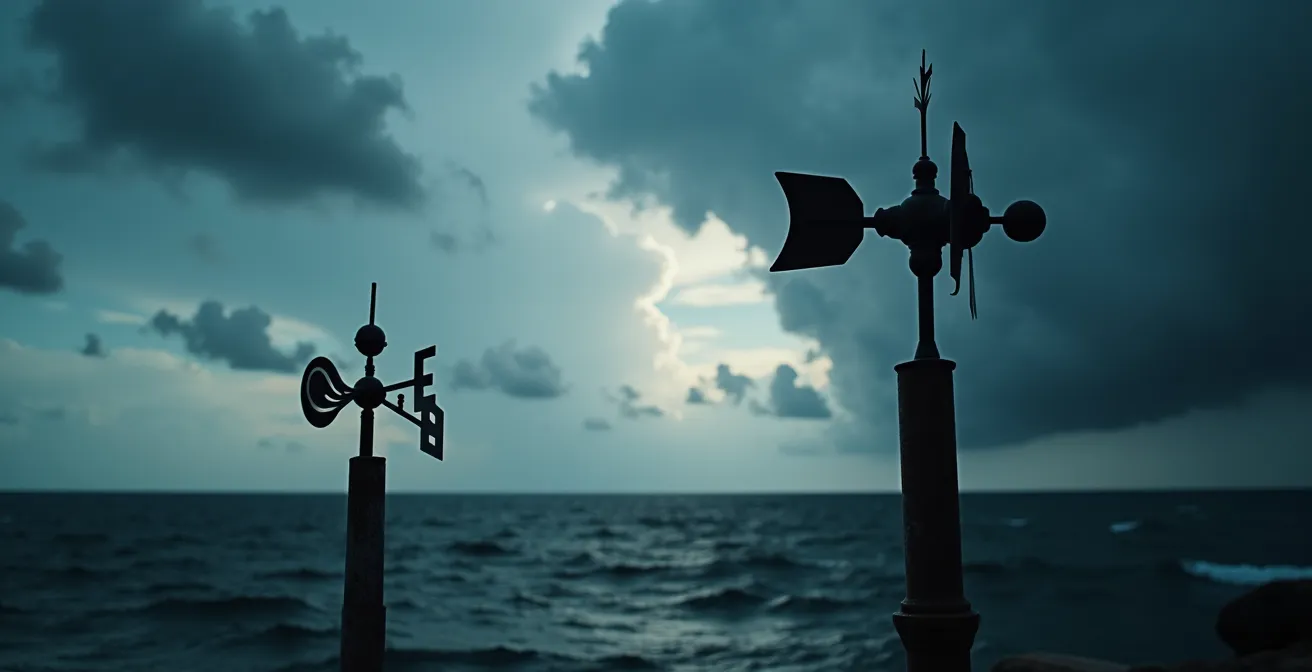 Weather monitoring station overlooking rough seas with storm clouds in Visayas region