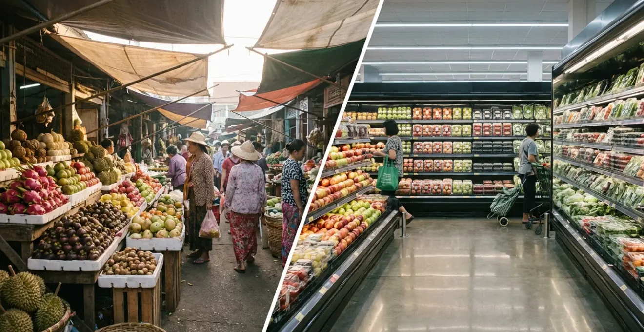 Split scene showing colorful tropical fruits at an Asian wet market alongside modern supermarket produce displays