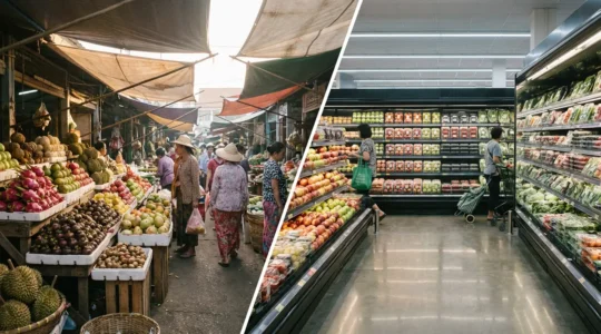 Split scene showing colorful tropical fruits at an Asian wet market alongside modern supermarket produce displays