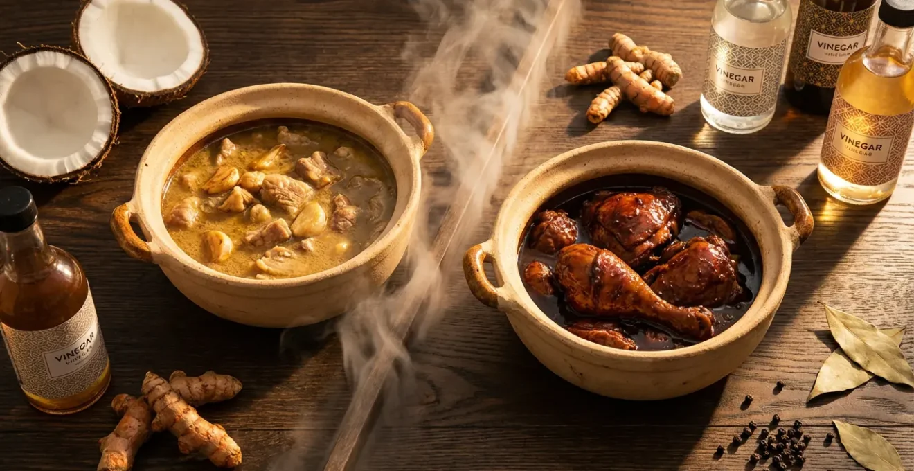 Split composition showing white and dark adobo variations from different Philippine regions