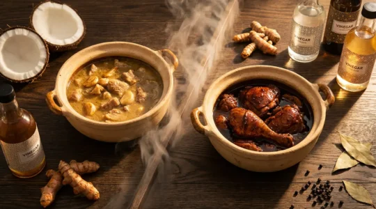 Split composition showing white and dark adobo variations from different Philippine regions