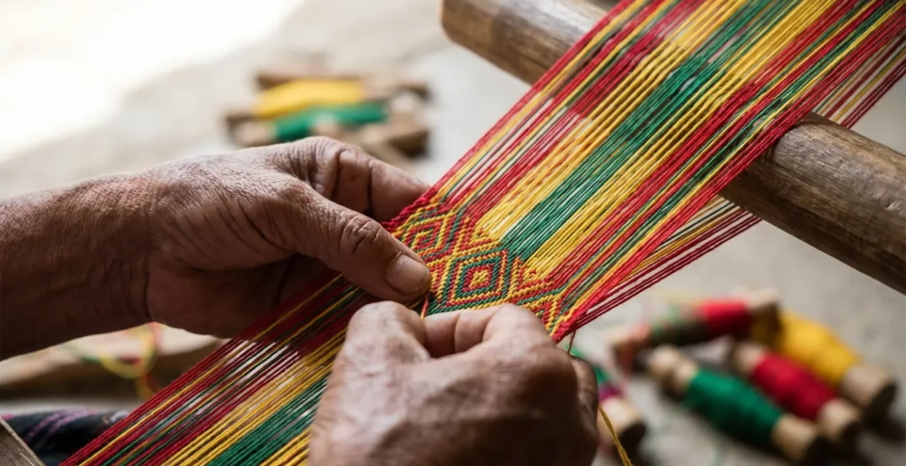 Hands working on a traditional backstrap loom weaving vibrant geometric patterns of Yakan fabric