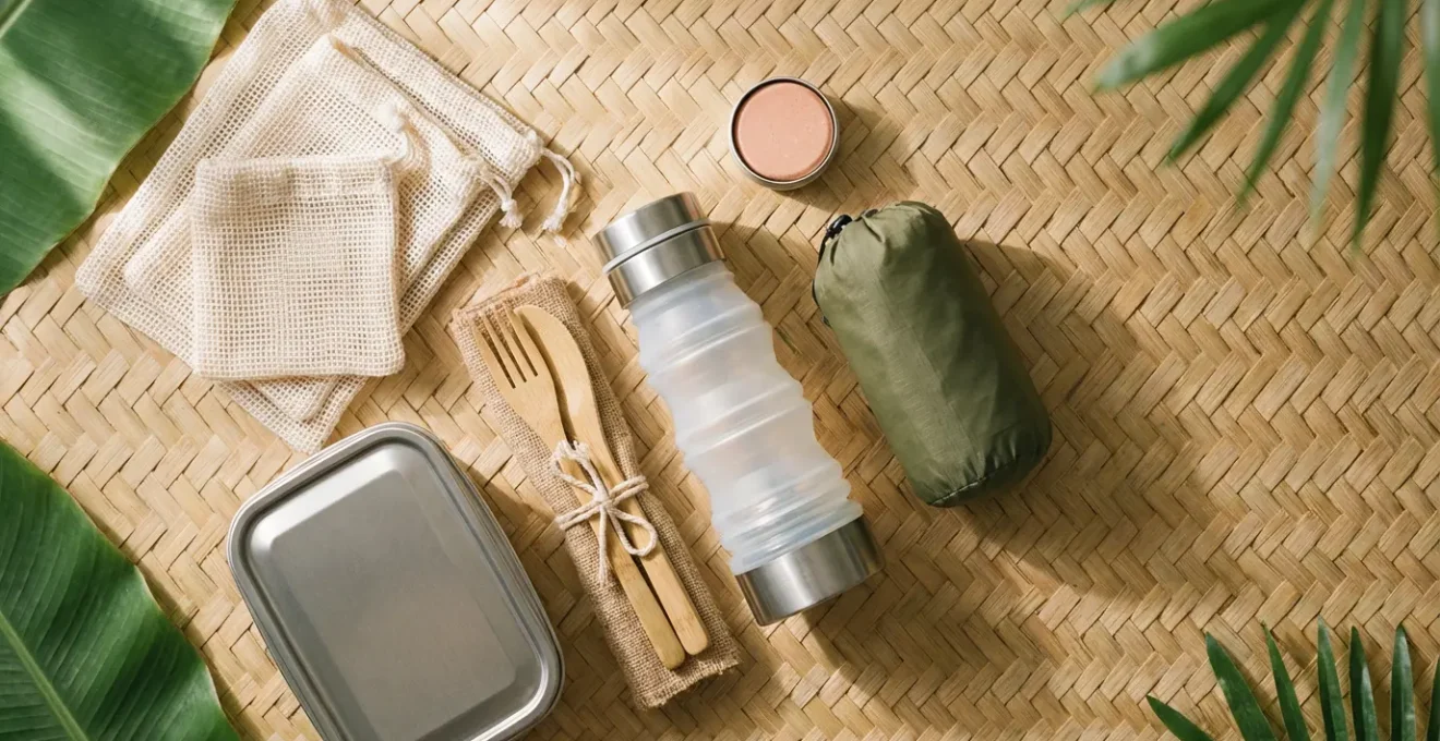 Minimalist zero-waste travel essentials for Philippines island hopping laid out on bamboo surface