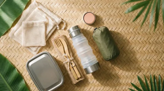 Minimalist zero-waste travel essentials for Philippines island hopping laid out on bamboo surface