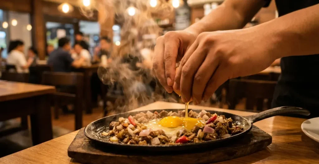 Raw egg being mixed into hot sizzling sisig on cast iron plate Raw egg being mixed into hot sizzling sisig on cast iron plate